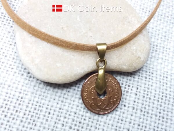 Denmark 1937 coin necklace - Letter C initial on 87 year old copper 1 ore vintage coin pendant - 87th birthday gift - Cord/chain options