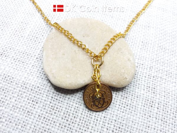 Denmark 1937 coin necklace - Crowned letter C initial on 87 year old 1 ore - Antique Danish souvenir - 87th birthday gift. Cord/chain option