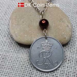 Denmark 1964 coin necklace - 60 year old 5 ore - Crowned Letter R initial - 60th birthday gift - Danish souvenir - Cord/chain options