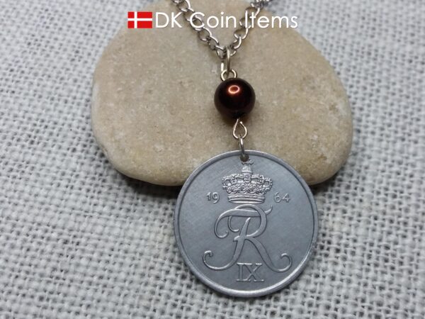 Denmark 1964 coin necklace - 60 year old 5 ore - Crowned Letter R initial - 60th birthday gift - Danish souvenir - Cord/chain options