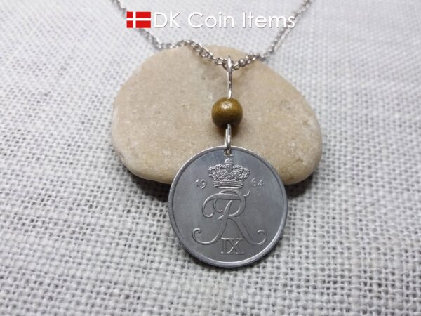 Denmark 1964 coin necklace - 60 year old 5 ore with Crowned Letter R initial - 60th birthday gift - Danish souvenir - Cord/chain options