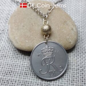 Denmark 1964 coin necklace - 60 year old 5 ore - 60th birthday gift - Crowned Letter R initial - Danish souvenir - Cord/chain options