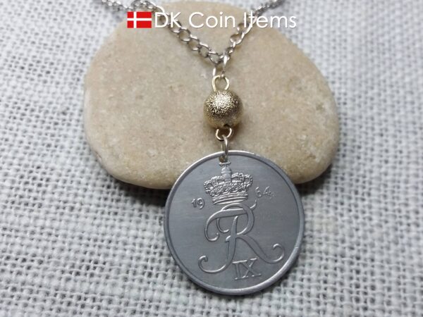 Denmark 1964 coin necklace - 60 year old 5 ore - 60th birthday gift - Crowned Letter R initial - Danish souvenir - Cord/chain options