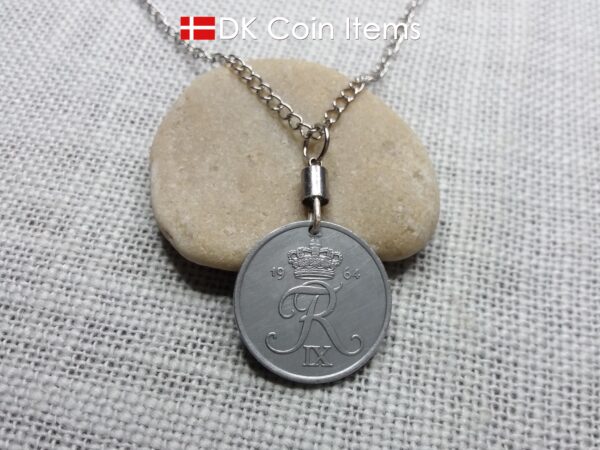 Denmark 1964 coin necklace - 60 year old Letter R initial 5 ore - 60th birthday gift - Danish souvenir - Cord/chain options