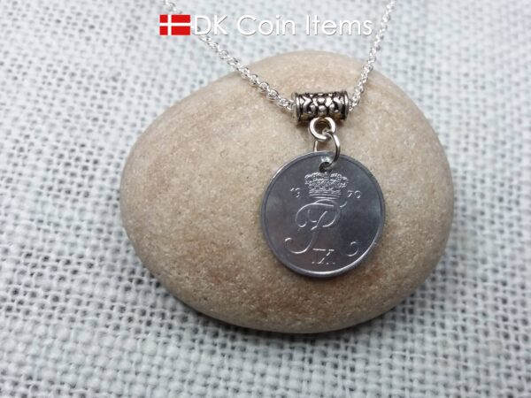 Denmark 1970 coin necklace with chain - 54 year old vintage 1 ore (16mm) as coin pendant - 54th birthday gift - Danish souvenir