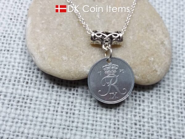 Denmark 1970 coin necklace (incl. chain) - 54 year old vintage 1 ore (16mm) as coin pendant - 54th birthday gift - Danish souvenir