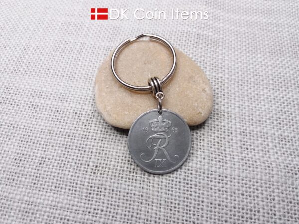 Denmark 1963 R-initial coin keychain with 61 year old 5 ore as coin pendant on bail and 30mm keyring