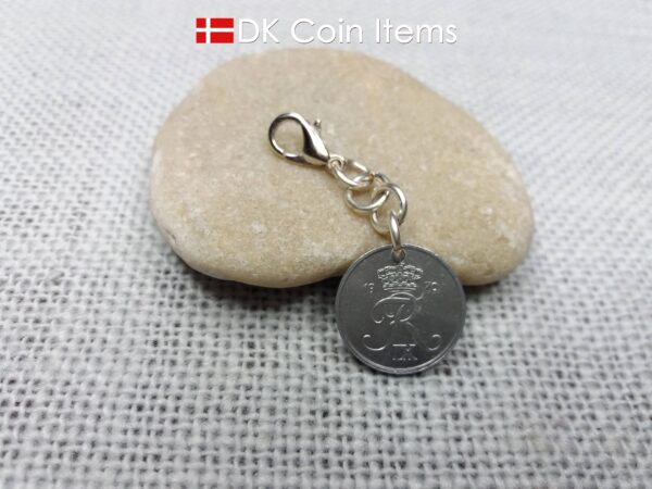 Denmark 1970 coin charm - 54 year old 1 ore (16mm) with crowned letter R initial as coin pendant - 54th birthday gift - Danish souvenir