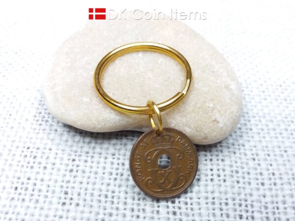 Denmark 1934 coin keychain - 90 year old crowned letter C initial 1 ore as coin pendant - 90th birthday gift - Antique Danish souvenir