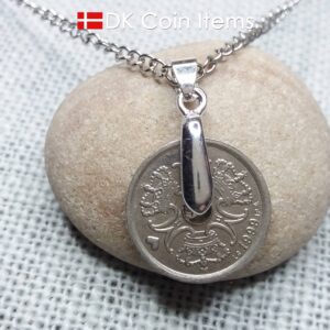 Coin necklace with a Danish 1 krone as coin pendant on a pinch bail with snap lock - Danish souvenir - Cord/chain options