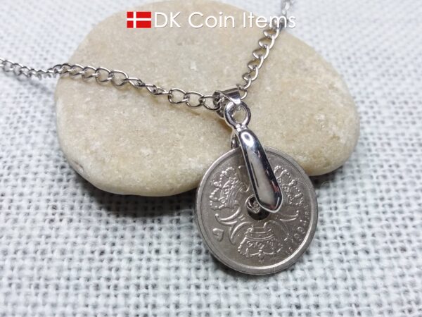 Danish coin necklace with a 1 krone as coin pendant on a pinch bail with snap lock - Danish souvenir - Cord/chain options