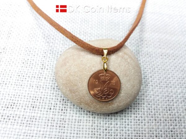 Denmark 1973 coin necklace. 51 year old M initial 5 ore coin pendant. 51st birthday gift. 5th anniversary gift. Danish vintage souvenir