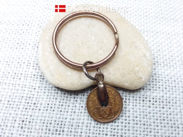 Denmark 1936 coin keychain - 88 year old crowned letter C initial 1 ore as coin pendant - 88th birthday gift - Antique Danish souvenir