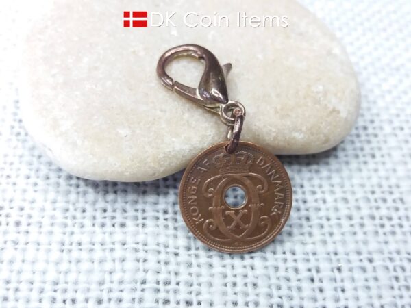 Denmark 1928 coin charm. C-initial 1 ore coin 96 years old.