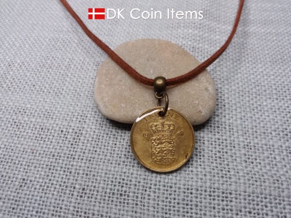 Denmark 1948 coin necklace with golden 76 year old vintage 1 krone as coin pendant. Cord/Chain options