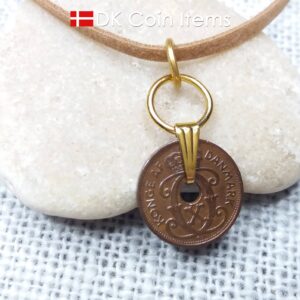 Denmark 1930 coin necklace. Crowned C-monogram 1 ore coin.