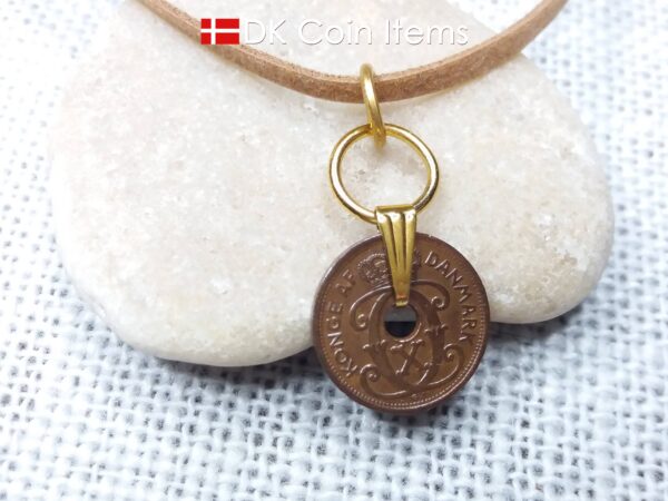 Denmark 1930 coin necklace. Crowned C-monogram 1 ore coin.