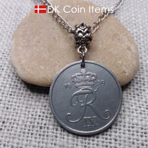 Denmark 1959 coin necklace - 65 year old 5 ore with letter R initial - 65th birthday gift - Danish souvenir - Cord/chain options