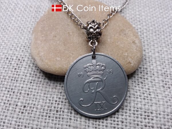 Denmark 1959 coin necklace - 65 year old 5 ore with letter R initial - 65th birthday gift - Danish souvenir - Cord/chain options