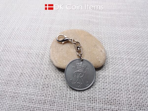 Denmark 1959 R-initial coin charm with 65 year old 5 ore as coin pendant on swivel unit and 18mm lobster claw clasp