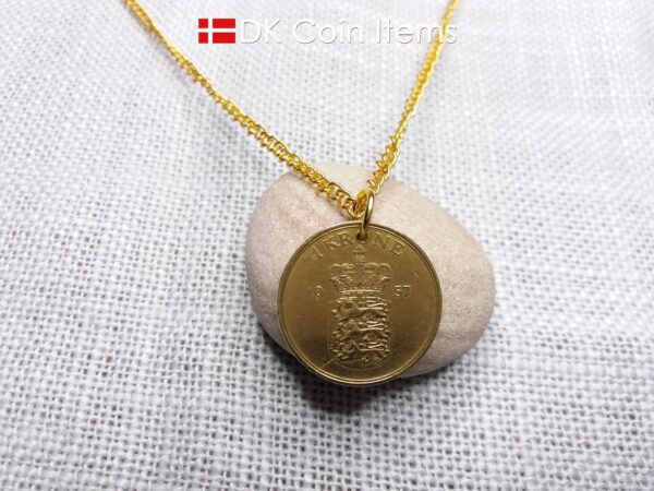 Denmark 1957 coin pendant necklace with golden 67 year old vintage 1 krone. Cord/Chain options