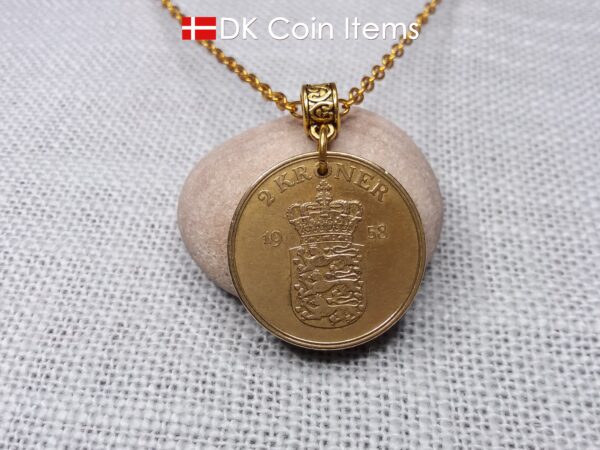 Denmark 1958 coin necklace with golden 66 year old vintage 2 kroner as coin pendant on bail. Cord/Chain options