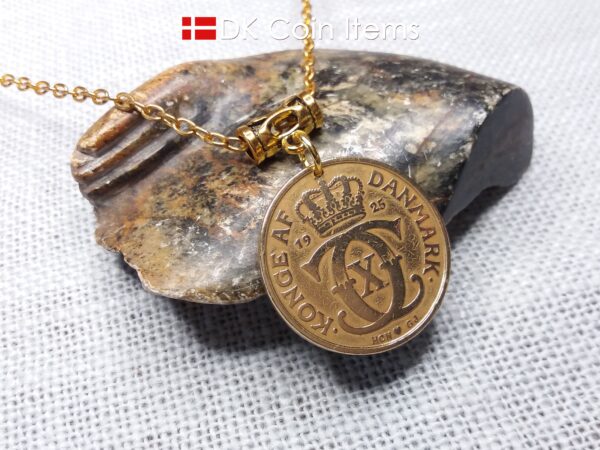 Denmark 1925 Crown C-initial coin necklace with golden 99 year old vintage 2 kroner as coin pendant. Cord/Chain options