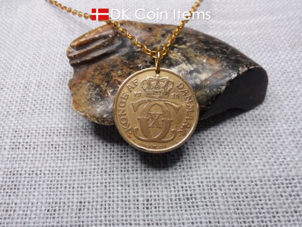 Denmark 1925 Crown C-initial coin pendant necklace with golden 99 year old vintage 2 kroner. Cord/Chain options