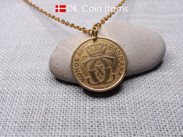 Denmark 1925 Crown C-initial coin pendant necklace with 99 year old golden vintage 2 kroner. Cord/Chain options