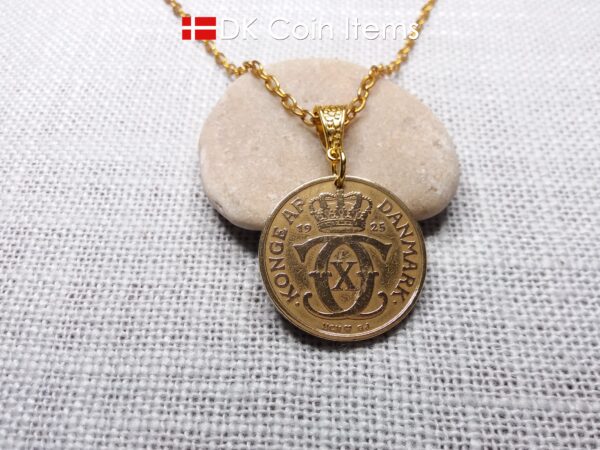 Denmark 1925 Crown C-initial coin necklace with 99 year old golden vintage 2 kroner as coin pendant. Cord/Chain options