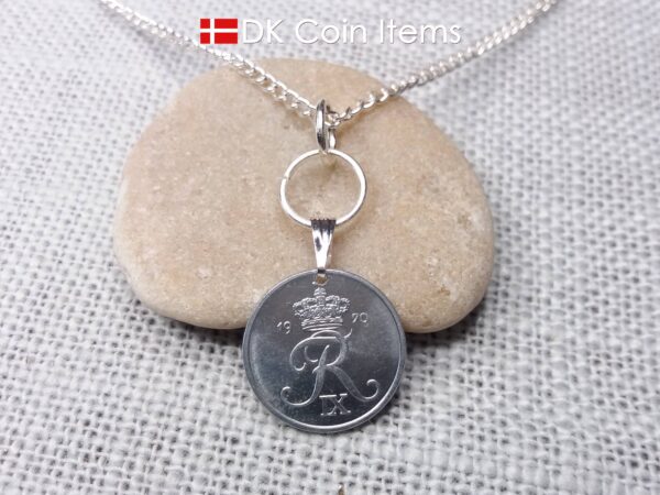 Denmark 1970 R-initial coin necklace with 54 year old 2 ore as coin pendant on silver plated snap lock and rings