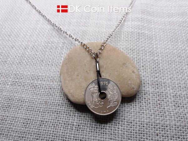 Denmark 1976 M-initial coin necklace with 48 year old 25 ore as coin pendant on black cowhide leather string