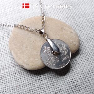 Denmark 1976 M-initial coin necklace with 48 year old 25 ore as coin pendant on pinch bail with snap lock