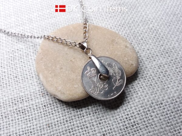 Denmark 1976 M-initial coin necklace with 48 year old 25 ore as coin pendant on pinch bail with snap lock