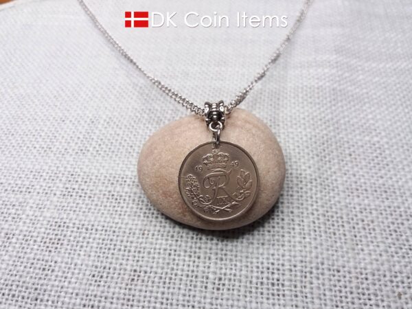 Denmark 1949 R-initial coin necklace with 75 year old vintage 25 ore as coin pendant on bail. Cord/Chain options