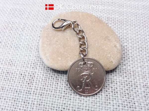 Denmark 1961 R-initial coin charm with 63 year old 25 ore as coin pendant on chain and 18mm lobster claw clasp