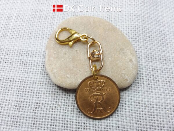 Denmark 1964 R-initial coin charm with 60 year old vintage 5 ore coin pendant on swivel and lobster claw clasp. 60th birthday gift