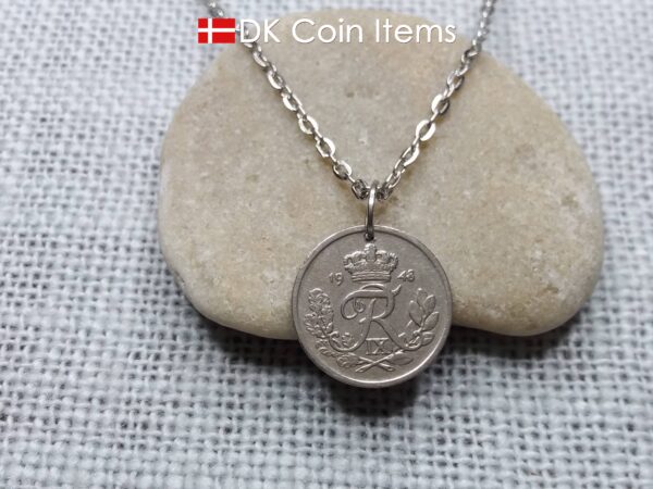 Denmark 1948 R-initial coin pendant necklace with 76 year old vintage 10 ore. 76th birthday gift. 10th anniversary gift. Cord/Chain options