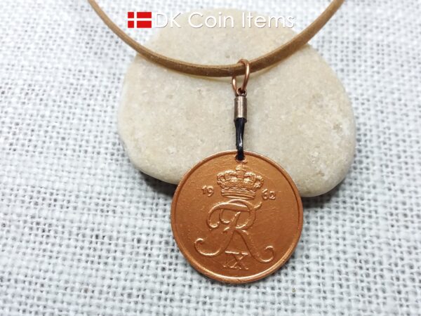 Denmark 1962 R-initial coin necklace - 62 year old copper painted vintage 5 ore coin pendant - 62nd birthday gift - Cord/chain options