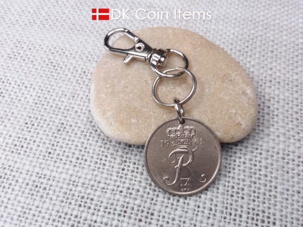 Denmark 1961 R-initial coin charm with 63 year old 25 ore as coin pendant on infinity ring and trigger clip