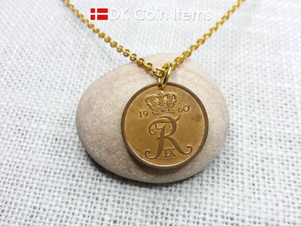 Denmark 1960 R-initial coin pendant necklace with 64 year old vintage 5 ore. 64th birthday gift. 5th anniversary gift. Danish souvenir