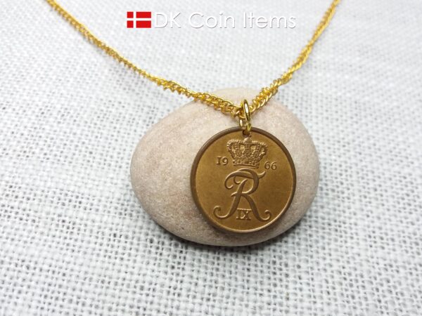 Denmark 1966 R-initial coin pendant necklace with 58 year old vintage 5 ore. 58th birthday gift. 5th anniversary gift. Danish souvenir