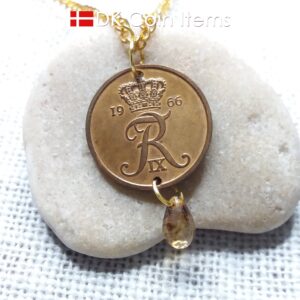 Denmark 1966 R-initial coin necklace - 58 year old vintage 5 ore with bead. 58th birthday gift. 5th anniversary gift. Danish souvenir