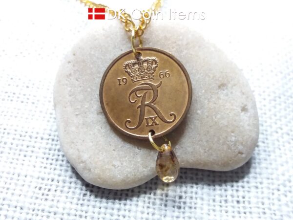 Denmark 1966 R-initial coin necklace - 58 year old vintage 5 ore with bead. 58th birthday gift. 5th anniversary gift. Danish souvenir