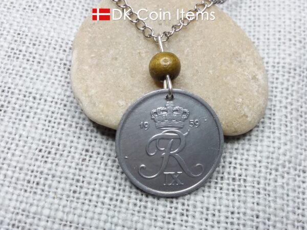 Denmark 1959 coin necklace - Crowned letter R initial on 65 year old 5 ore - 65th birthday gift - Danish souvenir - Cord/chain options