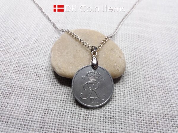 Denmark 1959 coin necklace - Letter R initial on 65 year old 5 ore - 65th birthday gift - Danish souvenir - Cord/chain options