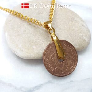 Denmark 1927 coin necklace - Crowned letter C initial on 97 year old 2 ore - Antique Danish souvenir gift - Cord/chain options