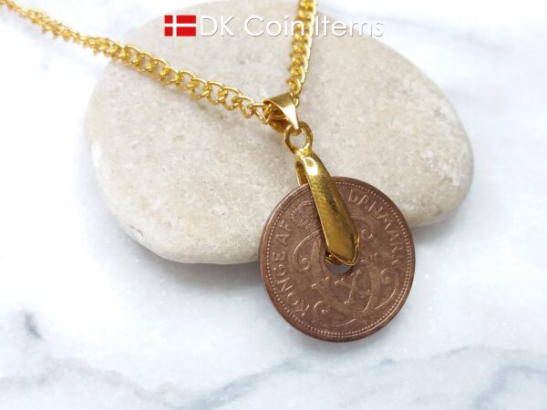 Denmark 1927 coin necklace - Crowned letter C initial on 97 year old 2 ore - Antique Danish souvenir gift - Cord/chain options