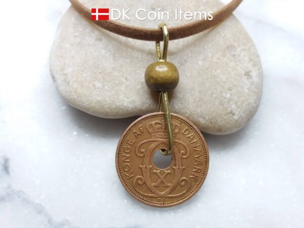 Denmark 1938 coin necklace - Crowned letter C initial on 86 year old 2 ore - Antique Danish souvenir - 86th birthday gift. Cord/chain option