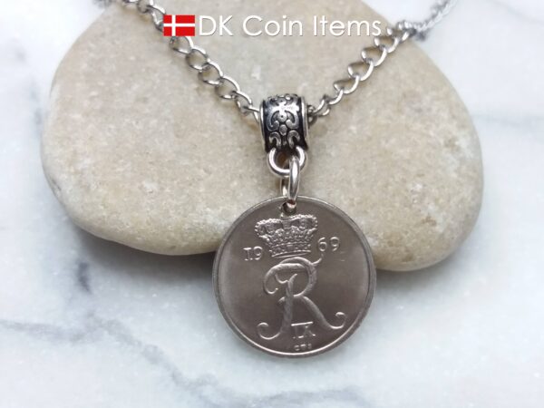 Denmark 1969 coin necklace - Crowned Letter R initial on 55 year old 10 ore - 55th birthday gift - Danish souvenir - Cord/chain options